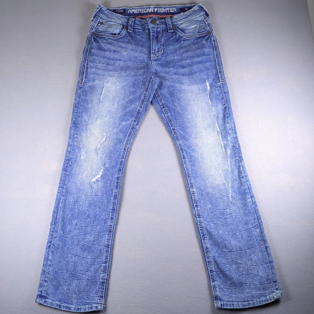 American Fighter Striker Jeans Mens 32x31 Blue Distressed Relaxed Straight Stone